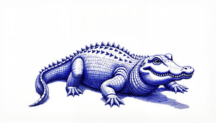 Fototapeta premium Sketch of a crocodile in blue ink, vintage design on white background, ideal for educational and creative projects