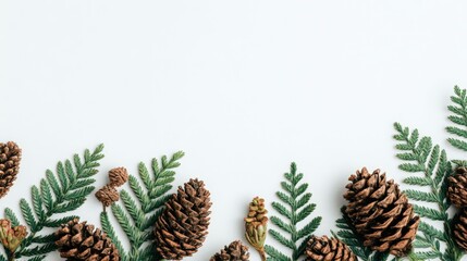 Pine cones and fresh green leaves arranged on a clean white surface, natural botanical still life.