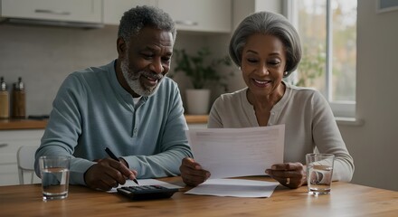 Financial Planning for Retirement Smiling Senior Couple with Documents and Laptop