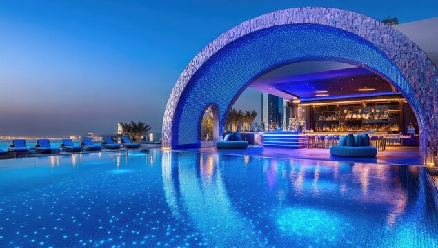 Poolside bar with blue-lit archway offers stunning city and sea views at dusk