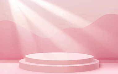 Pastel pink product podium stage for product display, cosmetic presentation and branding, pink wall background. Valentine's Day or wedding design. 