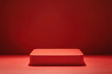 Red product podium stage for product display, presentation and branding, red wall background. Christmas or Valentine's Day design. 