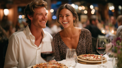 Romantic dinner in a cozy restaurant with pizza and wine