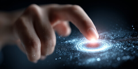  Digital settings icon activated by touch surrounded by floating microchip circuits.
