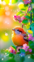 A vibrant orange bird perched on a small wooden platform amidst blooming pink flowers and sunlit bokeh