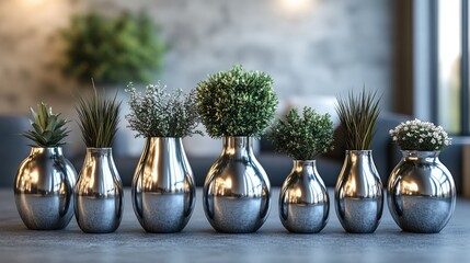 Series of metal vases arranged on a concrete surface. Industrial minimalism in decor.