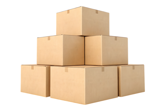 Stacked cardboard boxes arranged in a pyramid shape against a black background for delivery concept