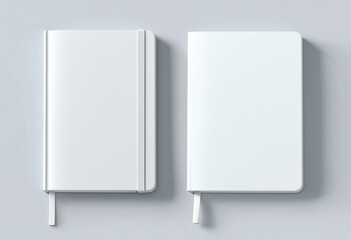 Two closed white notebooks with bookmark ribbons are lying on a gray surface, creating a minimalist and elegant composition