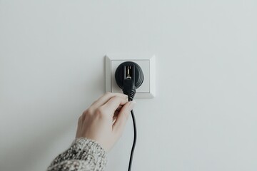 A hand plugs a black electrical cord into a white wall outlet.  Close-up view of the connection process