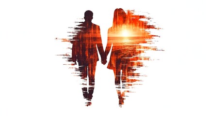 Silhouette of a couple holding hands, superimposed with a sunset landscape forming a heart shape, depicted in a digitized, brush-stroke style