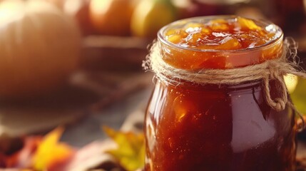 Autumnal preserves in a glass jar on a rustic surface.