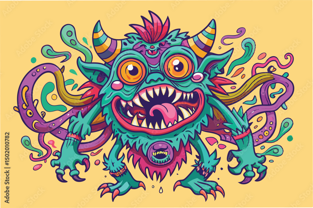 Poster Vibrant fantasy monster design with colorful features and dynamic elements showcasing a unique character