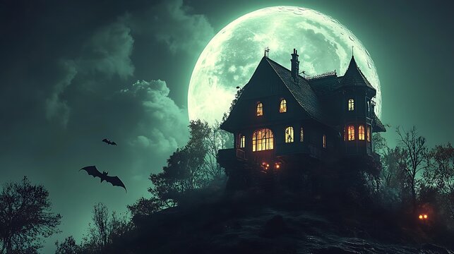 Luminous old house under a full moon at night.