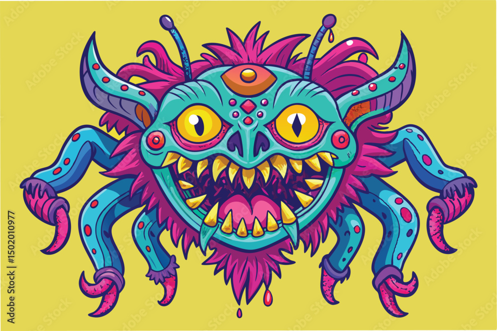 Poster Vibrant fantasy monster design with colorful features and dynamic elements showcasing a unique character