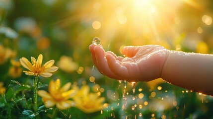 Child's hand gently holds a raindrop amidst a backdrop of golden light and lush greenery.