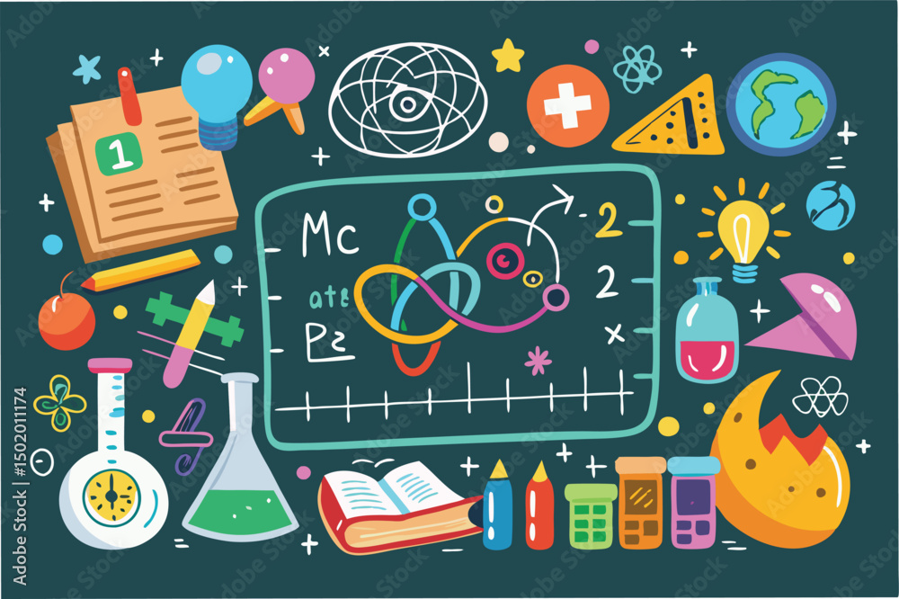Poster creative vector illustration of science elements featuring formulas, laboratory equipment, and symbo