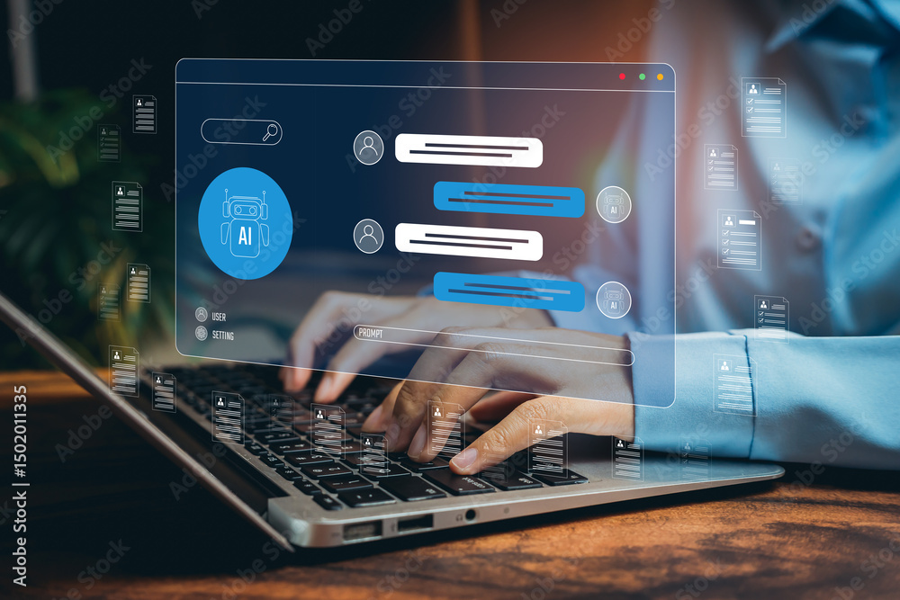 Poster ai technology interface on laptop showing communication and user interaction with digital elements, 