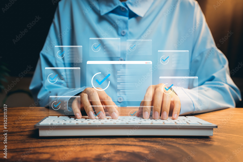 Poster hands typing on keyboard surrounded by digital checkmarks and user interface elements in a modern wo