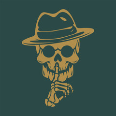 A stylized golden illustration of a skeleton wearing a fedora and sunglasses