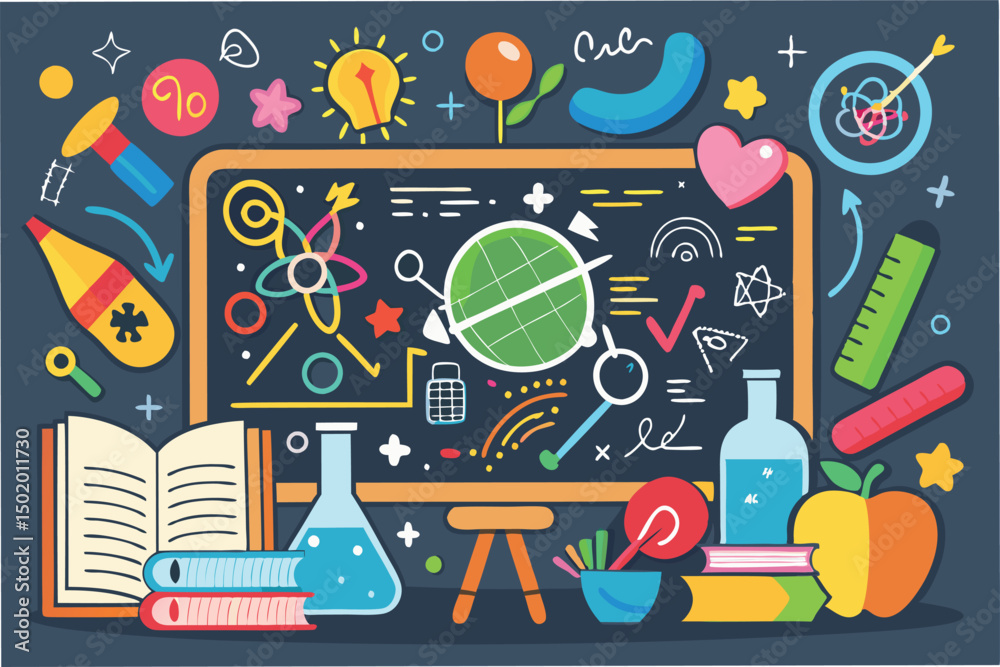 Poster creative vector illustration of science elements featuring formulas, laboratory equipment, and symbo