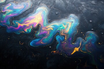 Obraz premium Iridescent streaks swirl across a dark, wet surface, creating a mesmerizing, abstract pattern of colors and shimmering reflections.