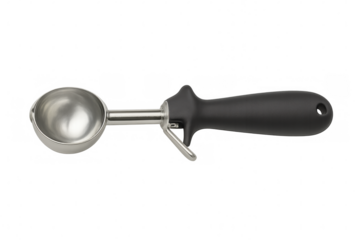 Metal ice cream scoop with black handle for serving frozen desserts, isolated on transparent background