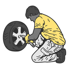 Kneeling man working on a tire