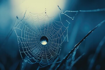 Naklejka premium An intricate spiderweb, glistening with droplets of water, takes center stage against a cool, ethereal blue background.