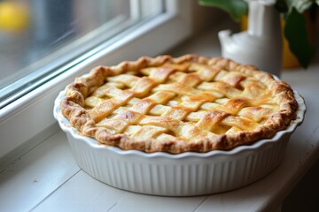 Apple pie in deep dish ceramic pan