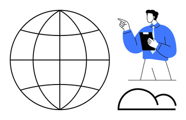 Professional holding clipboard, pointing at globe visualization beside digital cloud. Ideal for global communication, internet, networking, analysis, collaboration, technology progress, flat simple