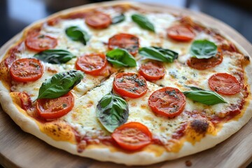 Tomato and mozzarella pizza on wooden plate