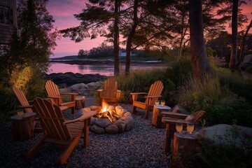 Fire pit surrounded by Adirondack chairs on gravel, drinks on side tables, summer twilight