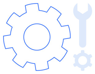 Large gear, wrench, and smaller gear emphasizing concepts of repair, maintenance, technology, and optimization. Ideal for engineering, mechanics, tools process development system upgrades