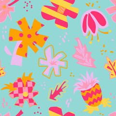 Seamless botanical pattern with hand drawn flowers, leaves. Bright floral background. Vector texture