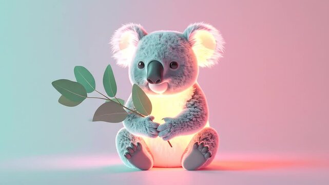 Glowing Pastel Koala Holding Eucalyptus Leaves