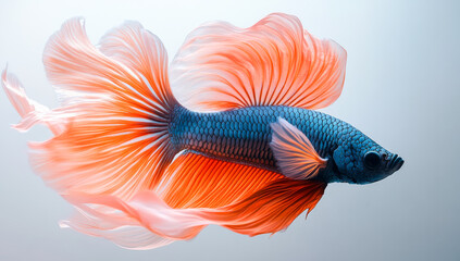 Fototapeta premium Colorful betta fish swimming gracefully. A vibrant betta fish displays its striking colors and flowing fins as it swims in clear water, showcasing elegance.