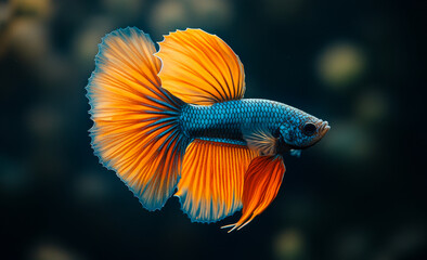 Colorful betta swims gracefully. A vibrant betta fish showcases its flowing fins and bright colors while swimming in a clear aquarium environment.