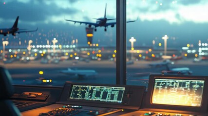 Control room view of an airport with planes taking off and landing