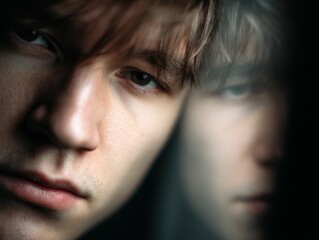 Pensive young Man's Portrait with Reflected Face in Shadow