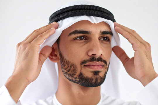 Man Wearing Traditional Headgear White Background Calm Expression