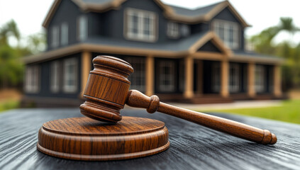 Wooden gavel resting on table near house. A wooden gavel is placed on a table in front of a modern house, depicting themes of law and real estate.