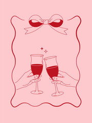 Minimalist illustration of a toast with two champagne glasses on a pink background with a decorative bow. Suitable for holidays and weddings.