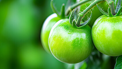 Green tomatoes growing on the vine. Green tomatoes dangle from the vine in a sunny garden, displaying their vibrant color and healthy growth.