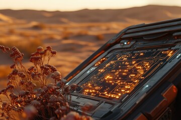 A futuristic device displays intricate circuit patterns amidst desert flora, evoking technology meeting nature in a surreal scene.