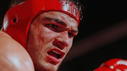 A bloodied boxer, fierce expression, red headgear, intense fight.