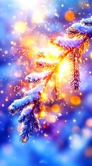 Snow-covered evergreen branch glows with warm light amidst a bokeh of colorful, sparkling lights and falling snow