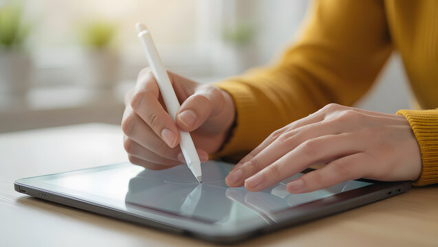Woman using a digital stylus to draw or write on a modern tablet computer screen