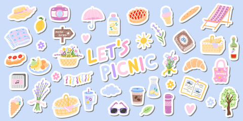 Cute pastel picnic vector set with food, drinks, and summer elements, lemonade, sun hat, croissant, and blanket, flower. Perfect for stickers, clipart, and cozy designs