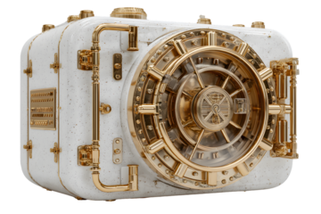 HighSecurity Gold and White Vault Door Luxury Safe 3D Render Stock Image