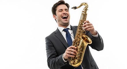 Naklejka premium Joyful Musician Playing Saxophone in Suit on Isolated Background Performance Arts Concept